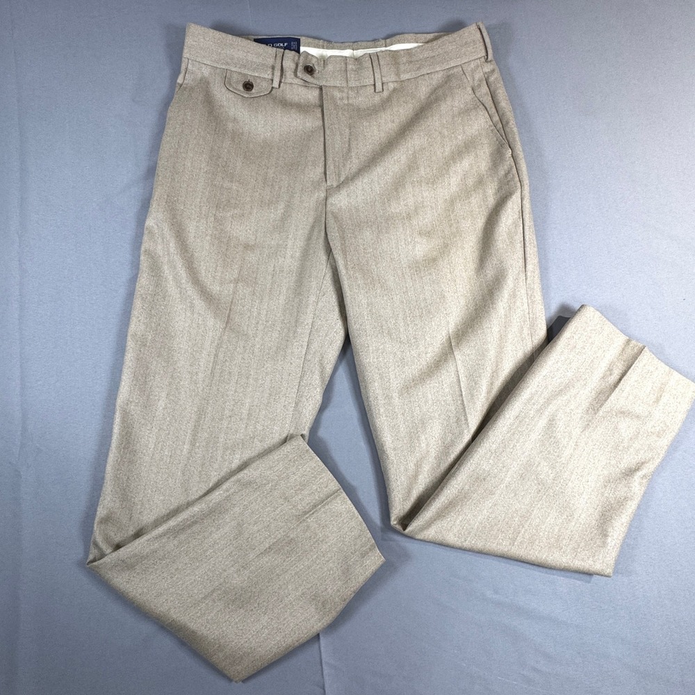 Vtg Polo Golf Ralph Lauren Mens 36x33 Tan Herringbone Wool Dress Pants Old Money